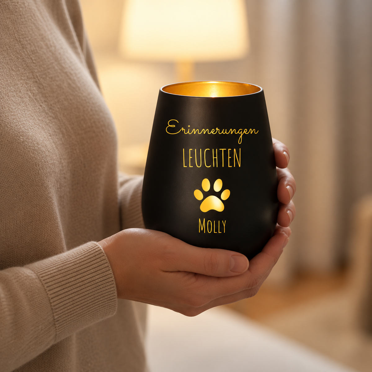 Candela commemorativa nera personalizzata con interno dorato, iscrizione "Erinnerungen leuchten" e impronta.