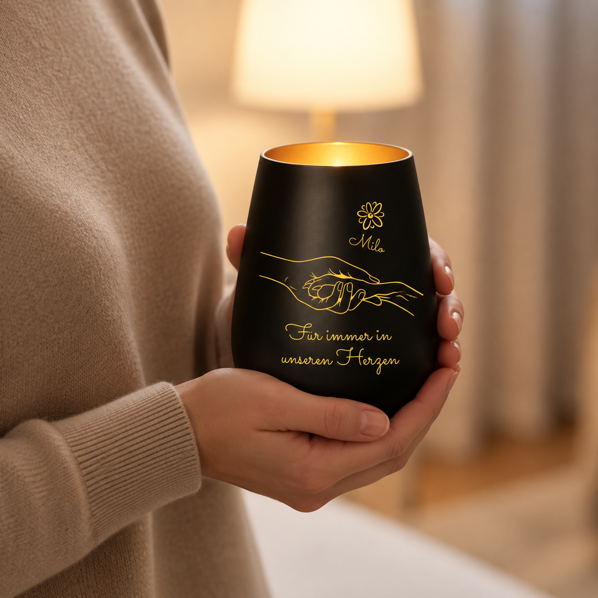 Candela commemorativa nera personalizzata con scritta dorata e motivo di mani, tenuta in mano.