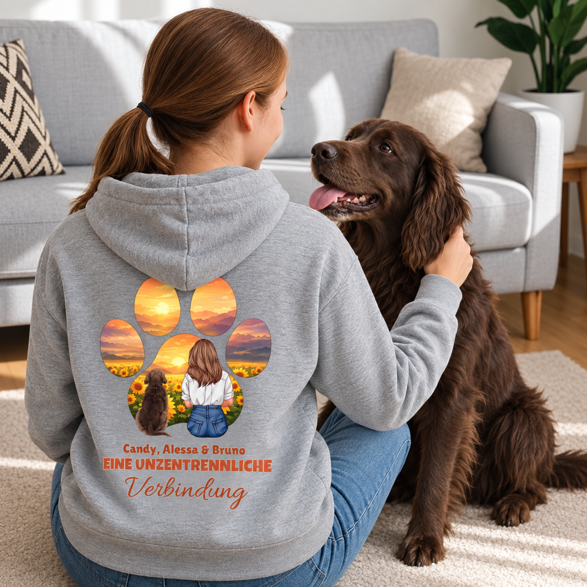 Felpa con cappuccio grigio mélange con impronta e grafica personalizzata di persona e cane.