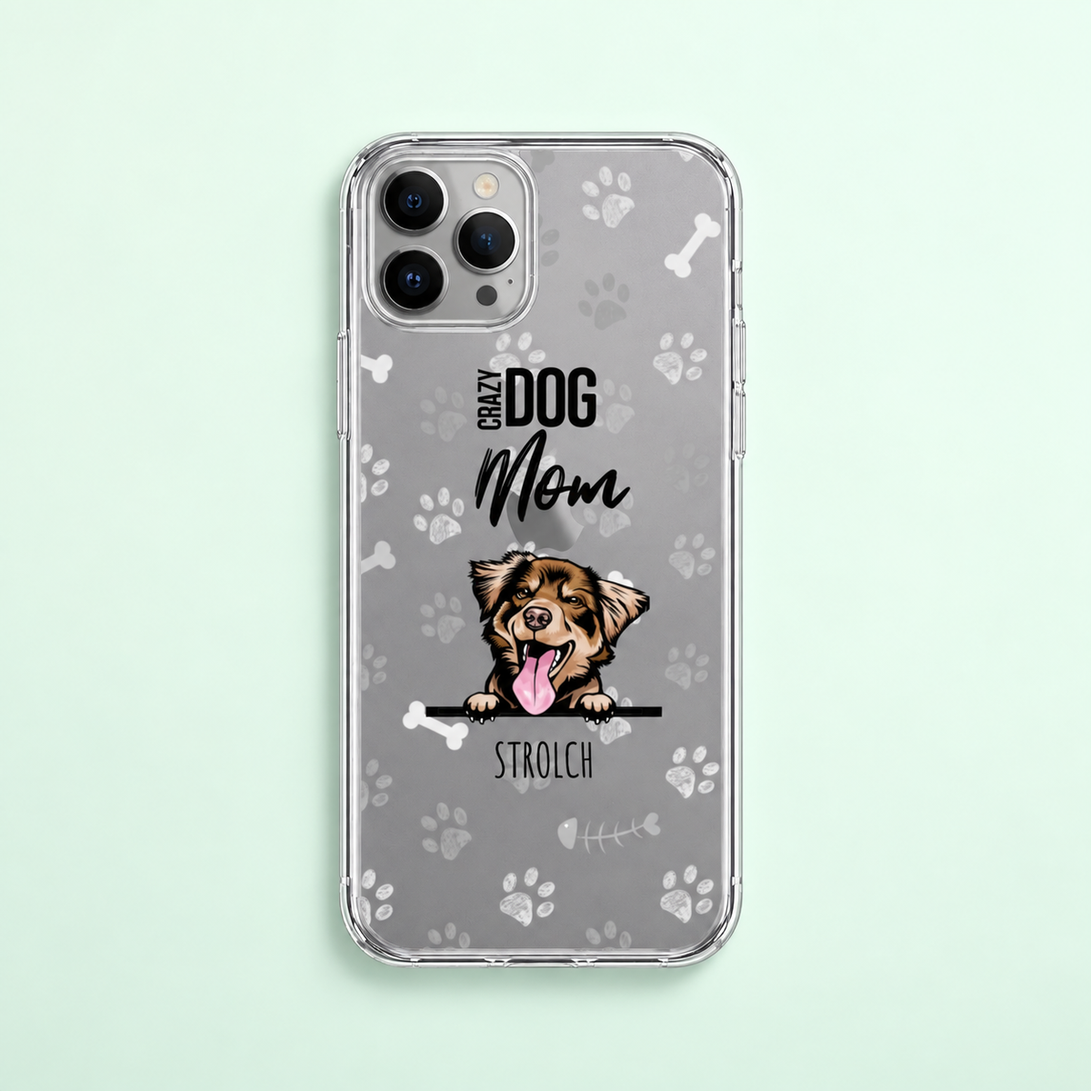 Cover trasparente personalizzata con motivo di cane e impronte grigie.