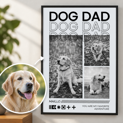 Poster personalizzabile con la scritta "Dog Dad" e foto in bianco e nero di un golden retriever.