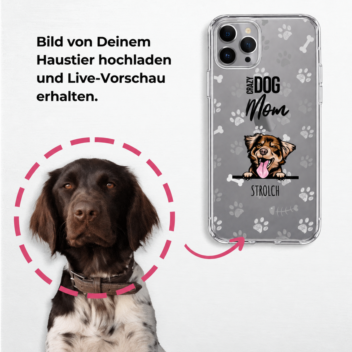 Cover per cellulare personalizzata con motivo di cane e impronte grigie. Design per genitori di animali.