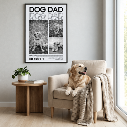 Poster con la scritta "DOG DAD" e foto di un cane. Cornice in legno e soggiorno moderno con cane e poltrona.