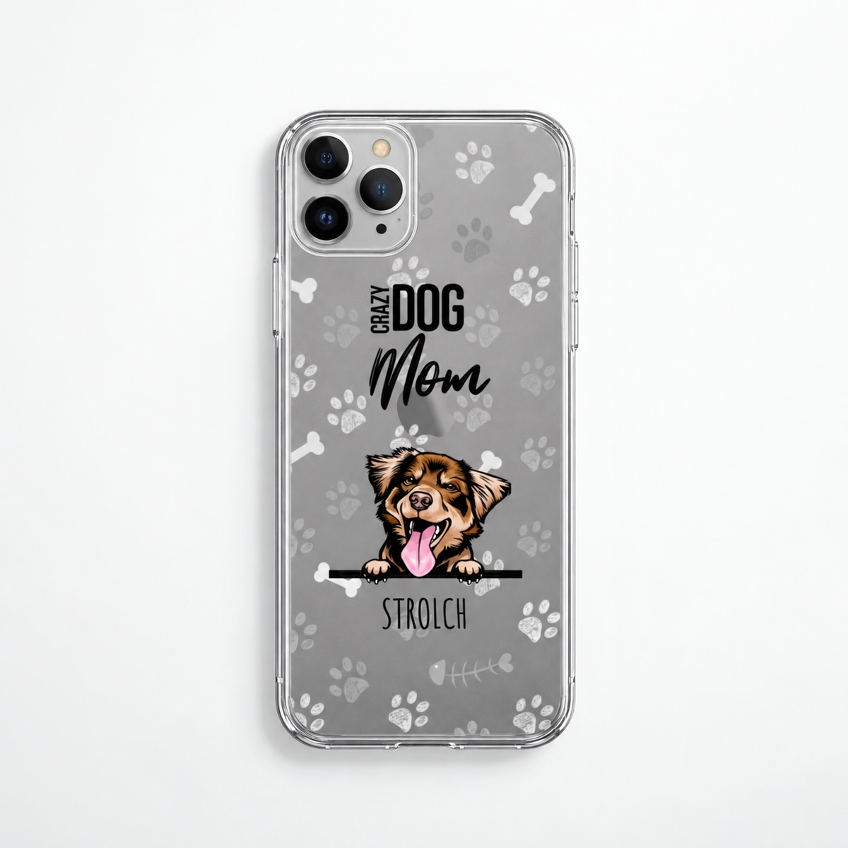 Cover per cellulare personalizzata con sfondo trasparente, zampe e cane in stile cartoon.