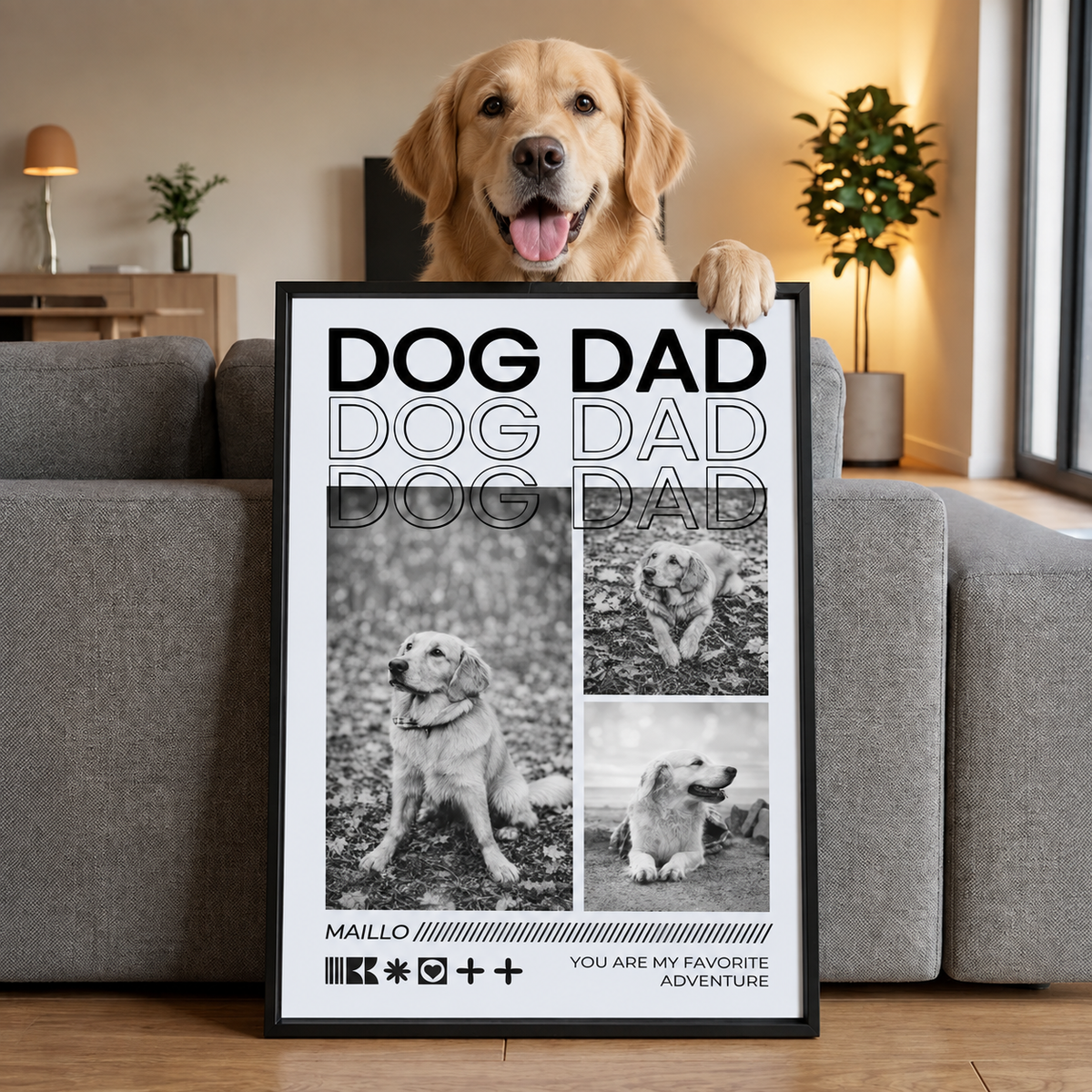 Poster personalizzato con la scritta "Dog Dad" e foto di un cane in diverse pose.