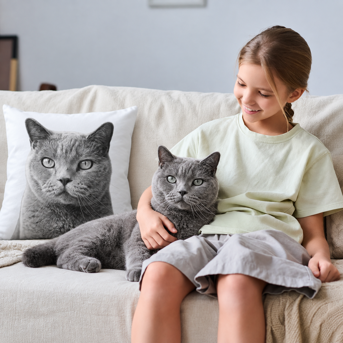 Cuscino con stampa di gatto grigio su un divano chiaro, una ragazza seduta accanto a un gatto grigio.