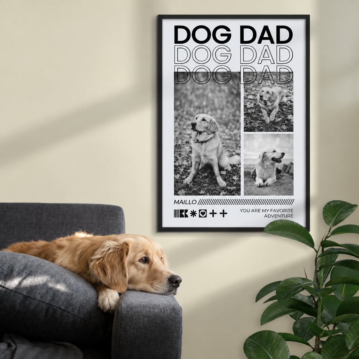 Poster incorniciato con "DOG DAD" e tre foto in bianco e nero di un cane, accanto a un cane su un divano.