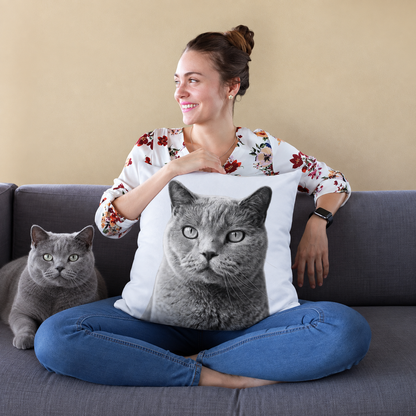 Cuscino con ritratto di gatto in bianco e nero, persona seduta su un divano che tiene il cuscino.