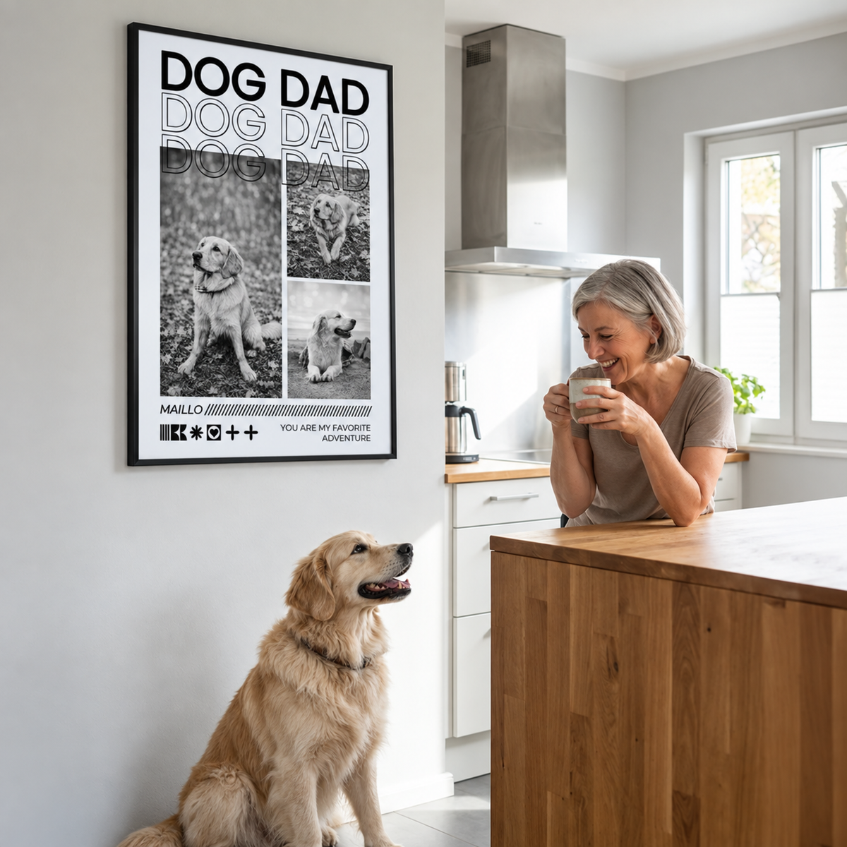 Decorazione da parete personalizzata con foto di cani e il testo "DOG DAD" in bianco e nero.