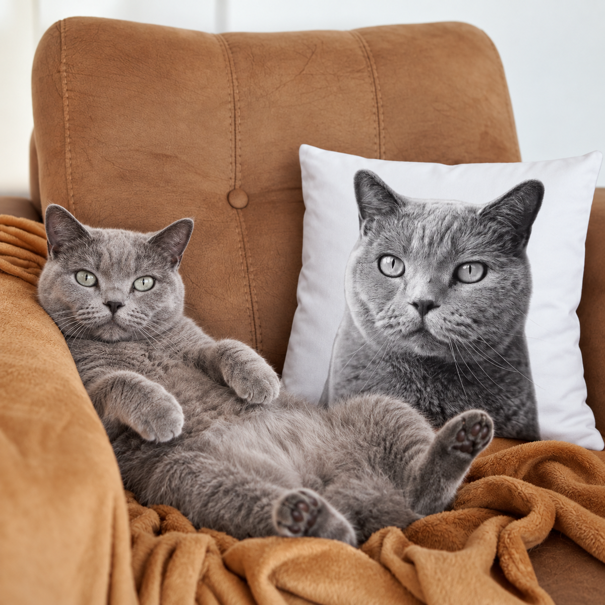 Ritratto di gatto su cuscino, cuscino grigio con foto di gatto stampata, accanto a un gatto su un divano.