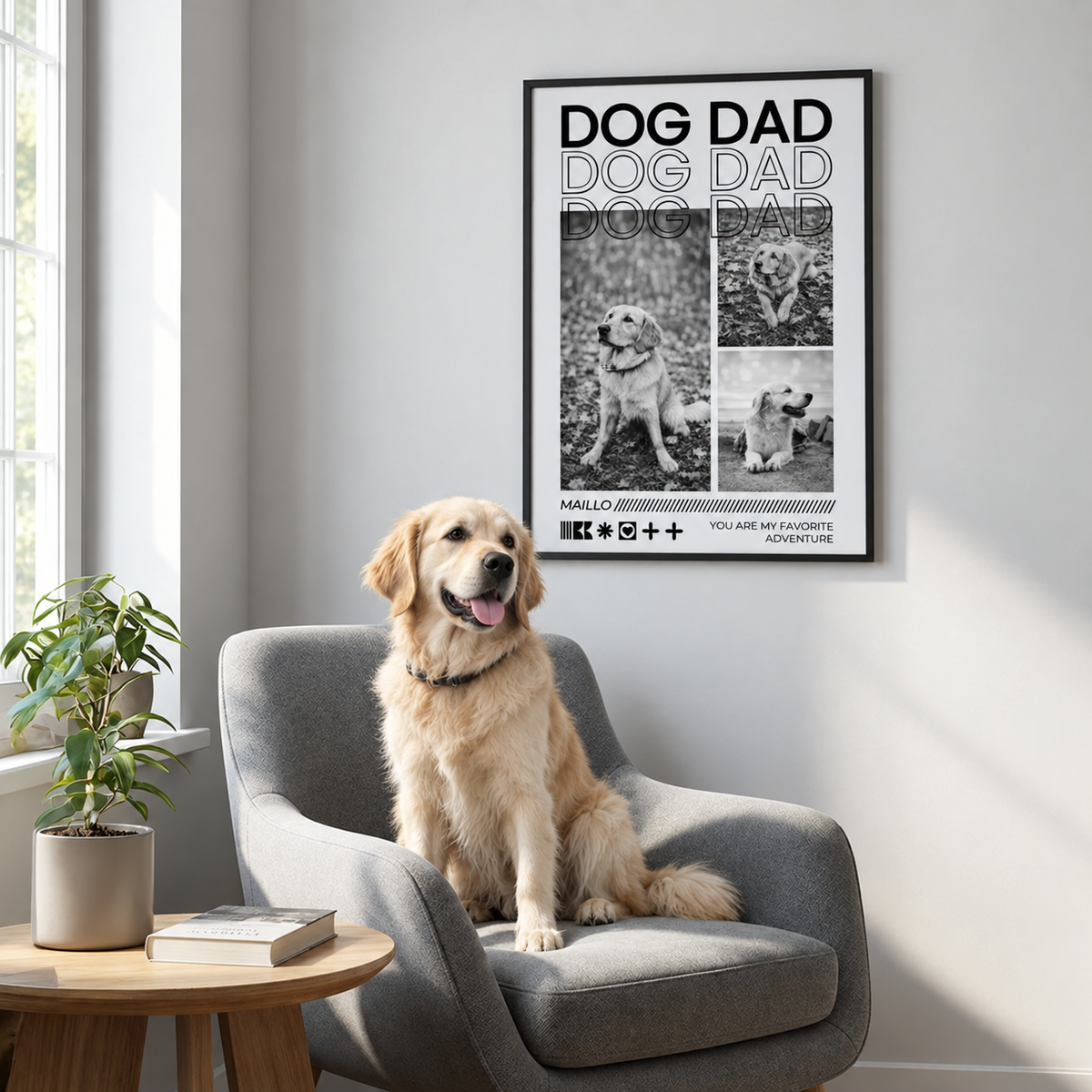 Poster personalizzato in bianco e nero con la scritta "DOG DAD", foto di un cane, incorniciato.