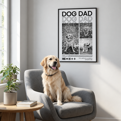 Poster personalizzato in bianco e nero con la scritta "DOG DAD", foto di un cane, incorniciato.