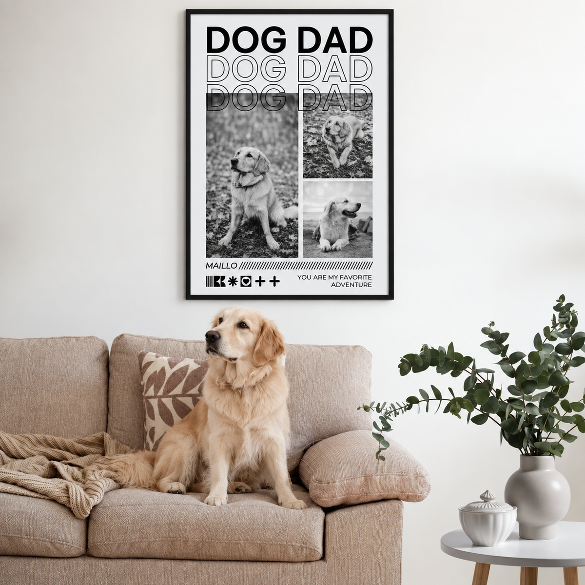 Poster personalizzati con la scritta "Dog Dad" e foto di un cane in un bel soggiorno.