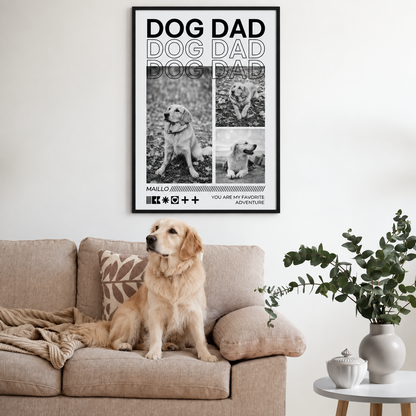 Poster personalizzati con la scritta "Dog Dad" e foto di un cane in un bel soggiorno.