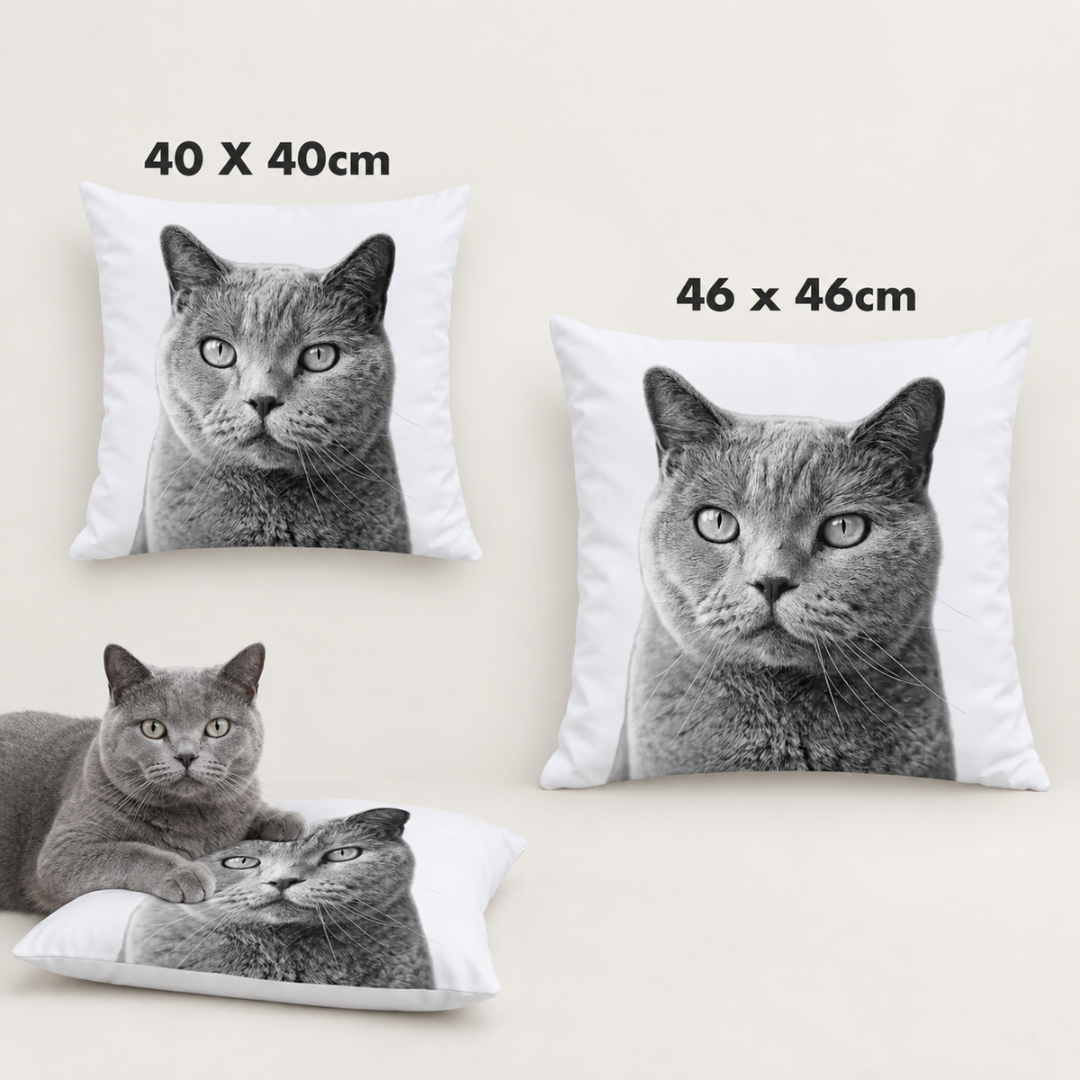 Due cuscini personalizzati con ritratto di animale in scala di grigi, misure 40x40 cm e 46x46 cm.