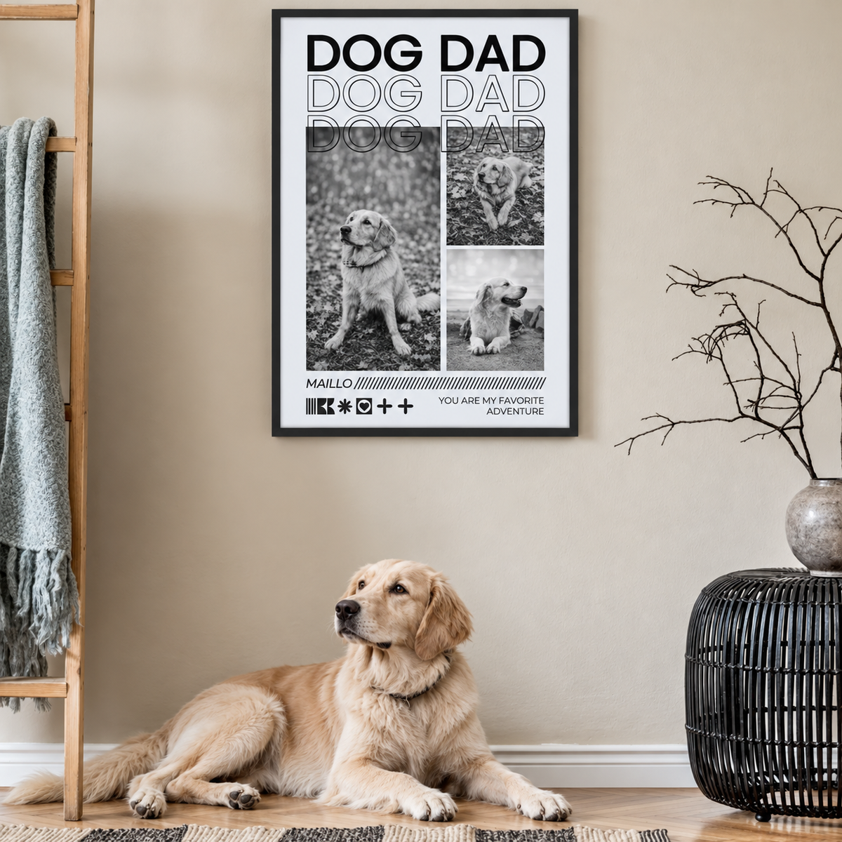 Cornice con poster personalizzato "Dog Dad" e tre foto di un cane, accanto a un golden retriever sdraiato.