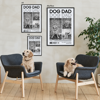 Tre poster Dog Dad personalizzati di diverse misure, senza cornice alla parete. Due cani su poltrone grigie.