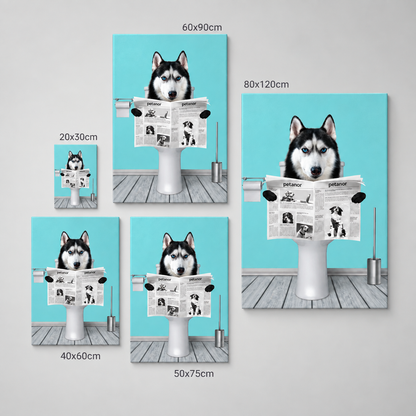 Tela personalizzata con un cane che tiene un giornale in bagno. Diverse misure disponibili.