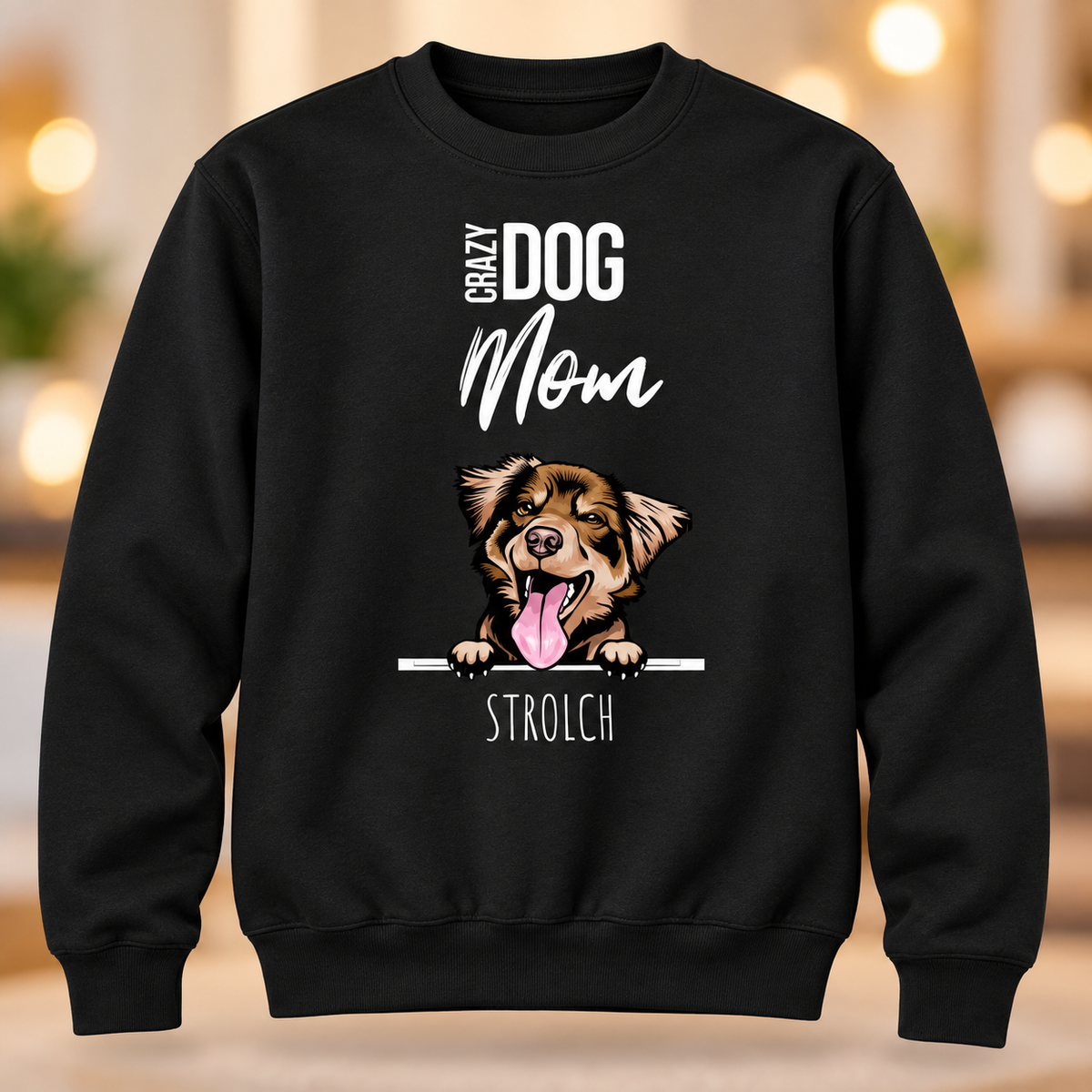 Felpa nera con motivo di cane stampato e la scritta "Crazy Dog Mom".