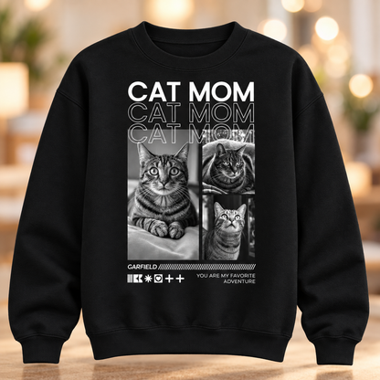 Felpa nera con la scritta "Cat Mom" e foto di gatti in bianco e nero.