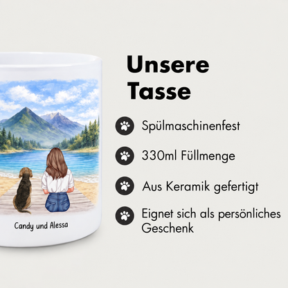 Tazza in ceramica personalizzata con cane e donna al lago, 330 ml, lavabile in lavastoviglie.
