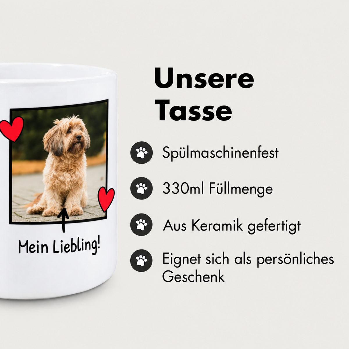 Tazza in ceramica personalizzata con foto di cane e la scritta "Mein Liebling!", lavabile in lavastoviglie, 330 ml.