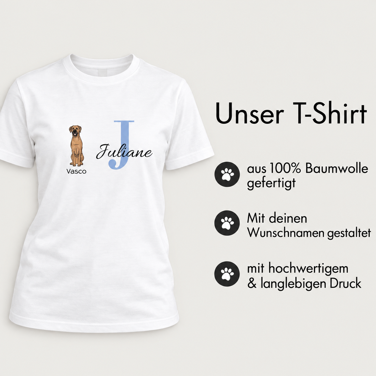 T-shirt bianca in 100% cotone personalizzata: motivo di cane e iniziale "J" per Juliane.