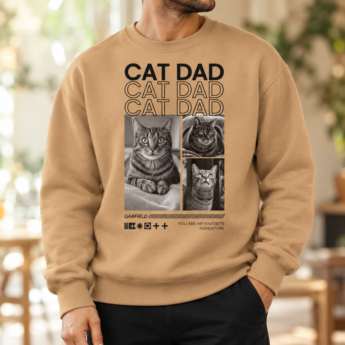 Felpa beige con la scritta "Cat Dad" e foto di gatti, taglio comodo, cotone.
