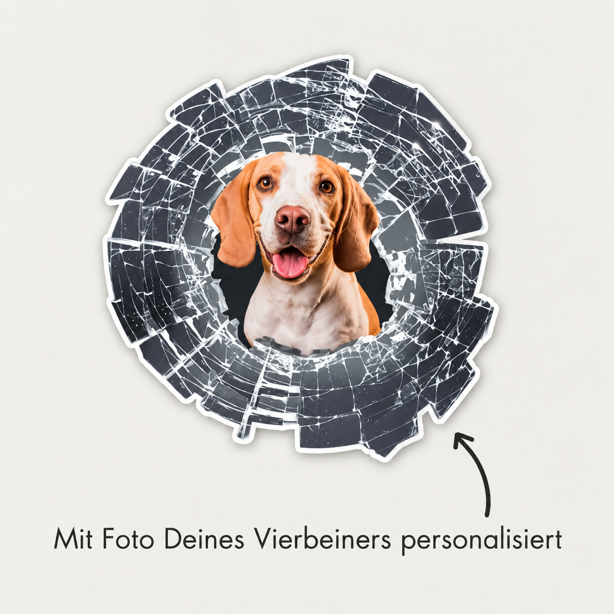 Adesivo per auto personalizzato con foto di un cane, con design a vetro rotto.