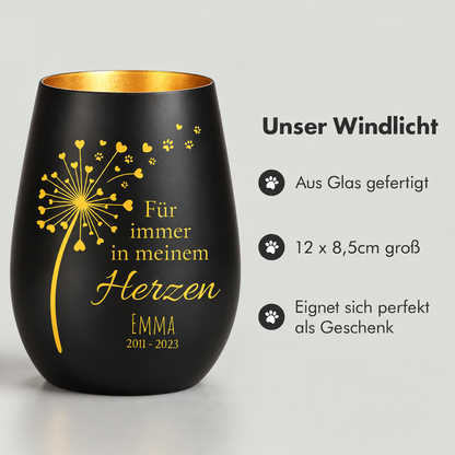 Lumino commemorativo in vetro nero con interno dorato, 12 x 8,5 cm, personalizzato con nome e data.