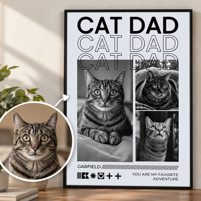 Poster personalizzato con quattro foto di gatti in bianco e nero e la scritta "Cat Dad". Opera in cornice nera.