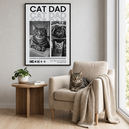 Poster personalizzabile con cornice con foto di gatti in bianco e nero e la scritta "Cat Dad".