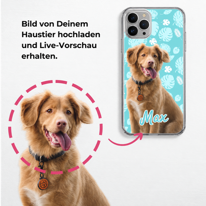 Cover con foto di un cane e sfondo colorato con motivi, personalizzabile con nome.