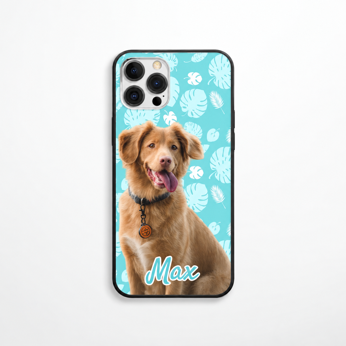 Cover per cellulare personalizzata con foto di cane e motivo di foglie turchese. Nome "Max" in bianco.