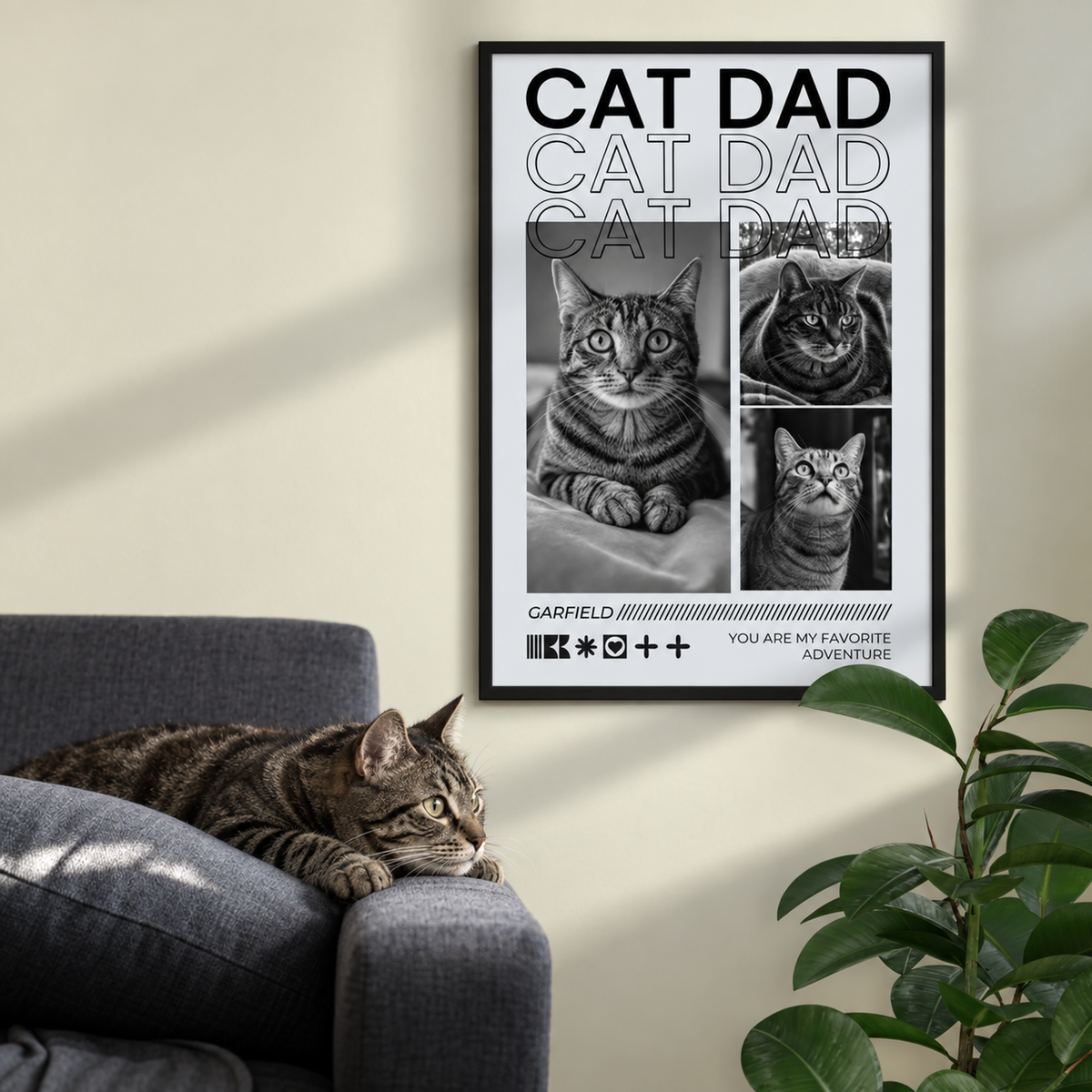 Poster personalizzato intitolato "Cat Dad" con foto di gatti in bianco e nero, incorniciato.