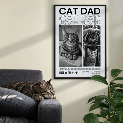 Poster personalizzato intitolato "Cat Dad" con foto di gatti in bianco e nero, incorniciato.