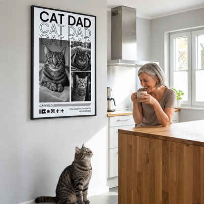 Arte da parete personalizzata intitolata "Cat Dad", con foto di gatti e un'area di testo, in una cucina moderna.