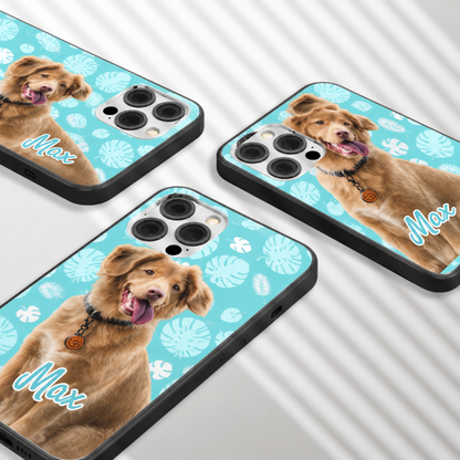 Tre cover personalizzate con foto di un cane e un motivo turchese.