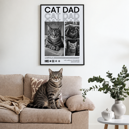 Decorazione con poster personalizzato "Cat Dad" con foto di un gatto, incorniciato e appeso.