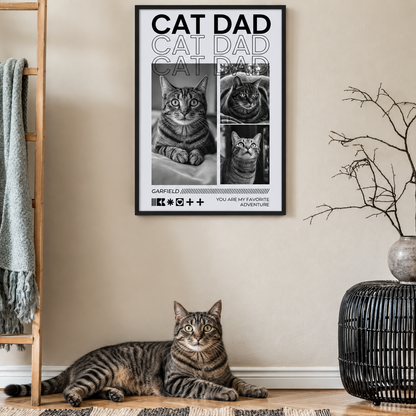 Poster personalizzato per amanti dei gatti con foto di gatti e il testo "Cat Dad" in bianco e nero.