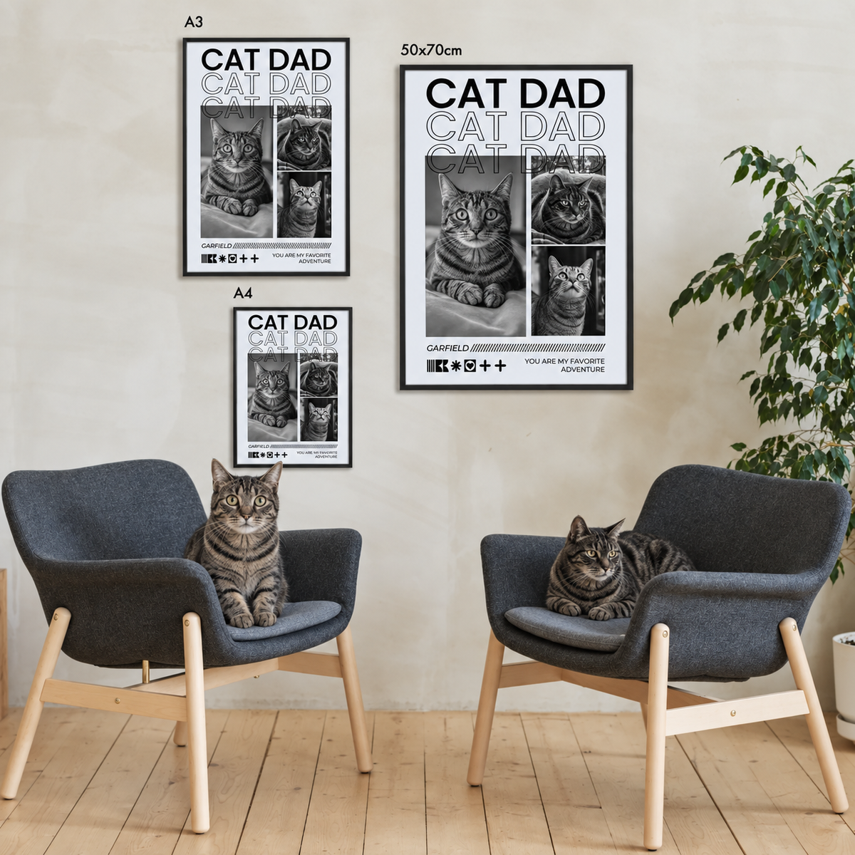 Poster personalizzato con la scritta "Cat Dad" e foto di gatti, in cornice nera.