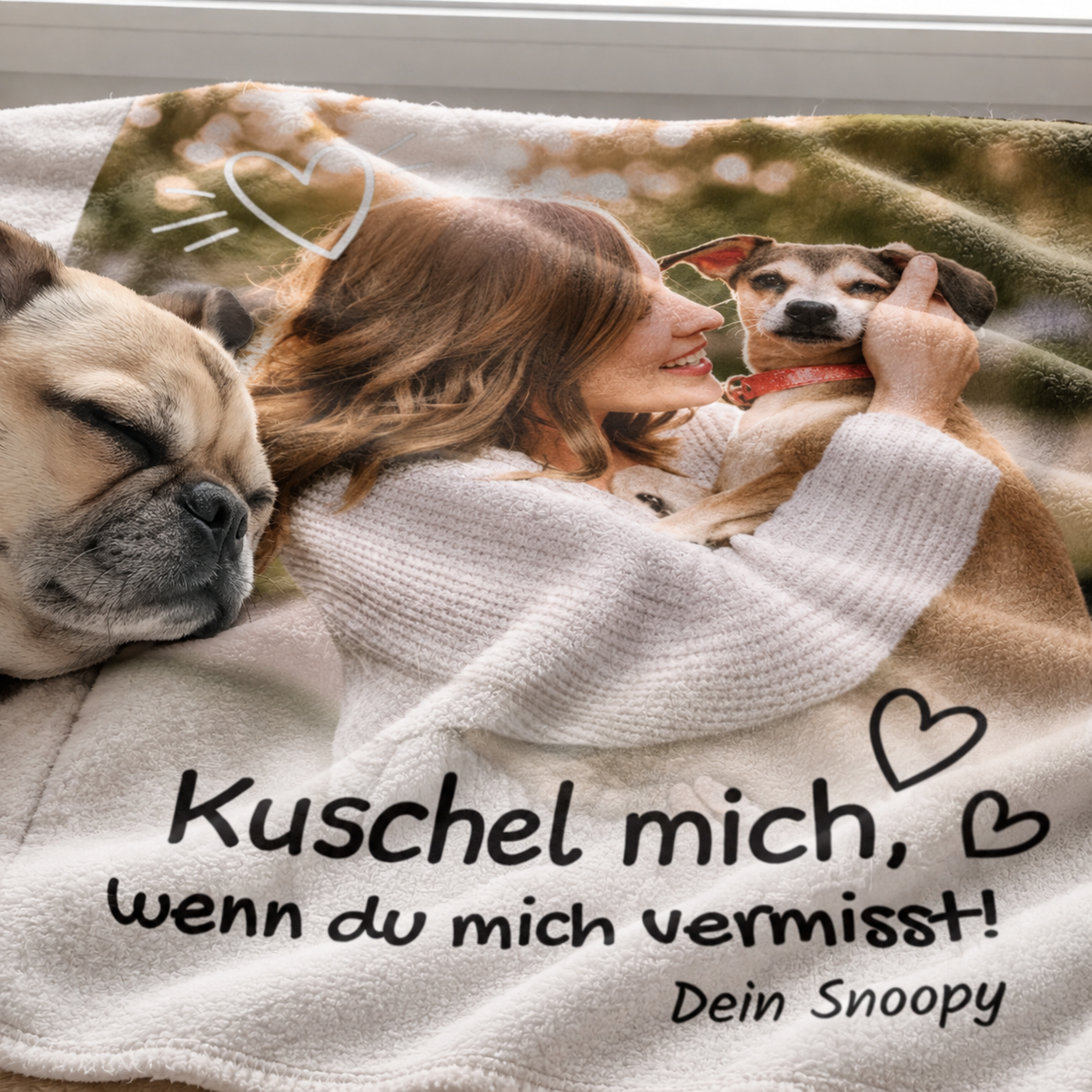 Coperta per animali personalizzata e accogliente con foto e testo in colori delicati. Ideale per gli amanti dei cani.