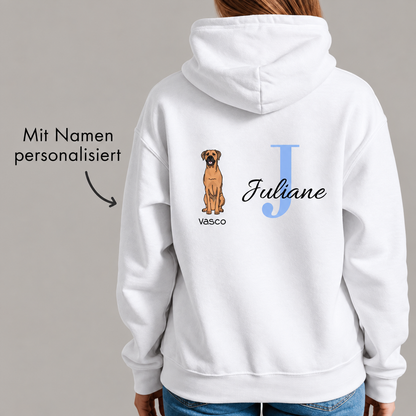 Felpa con cappuccio bianca con iniziale personalizzata e motivo di cane sul retro.