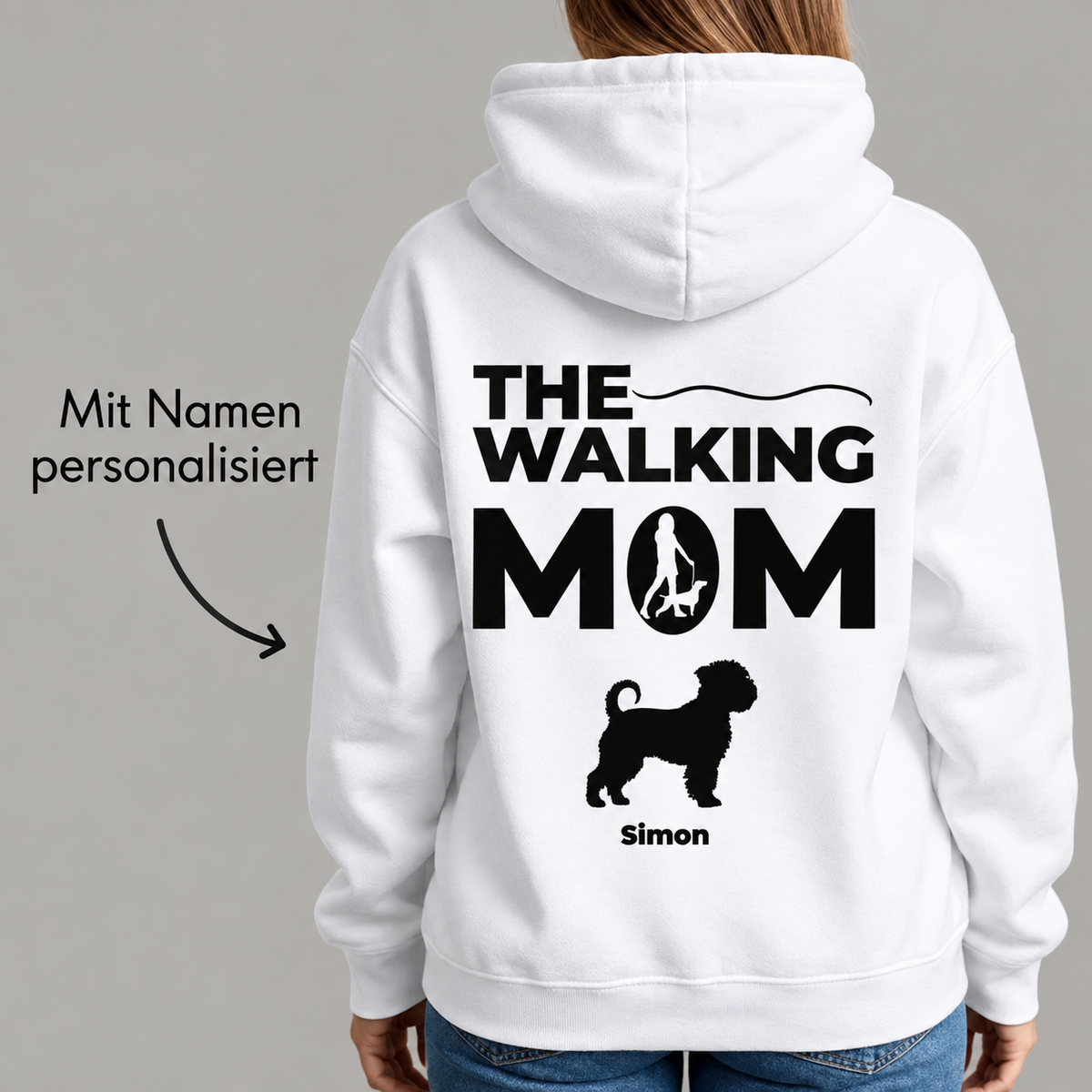 Felpa con cappuccio bianca con il testo "THE WALKING MOM" e un simbolo di cane, personalizzata con il nome "Simon".