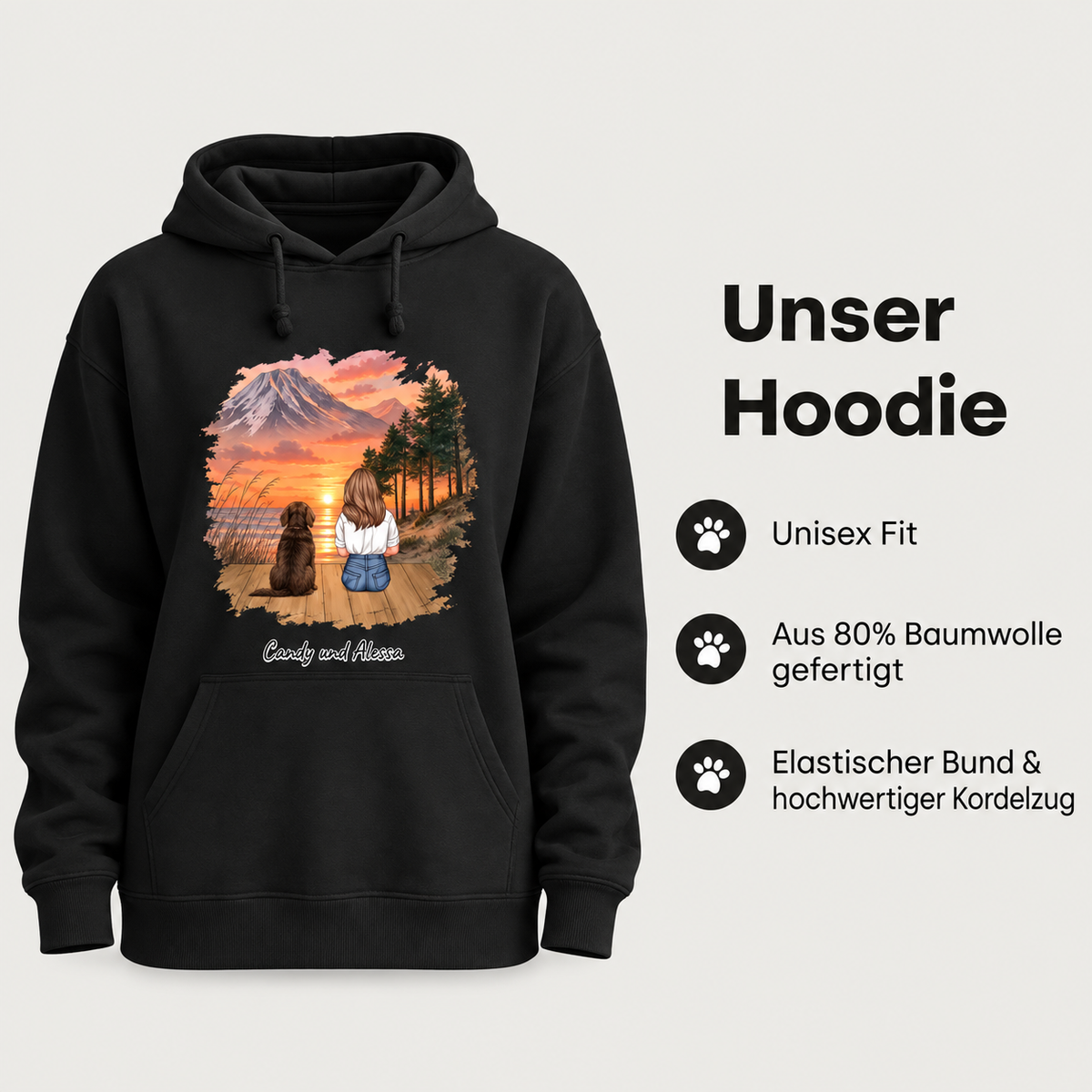 Felpa con cappuccio nera con grafica personalizzata di una persona e un cane davanti a montagne e tramonto.