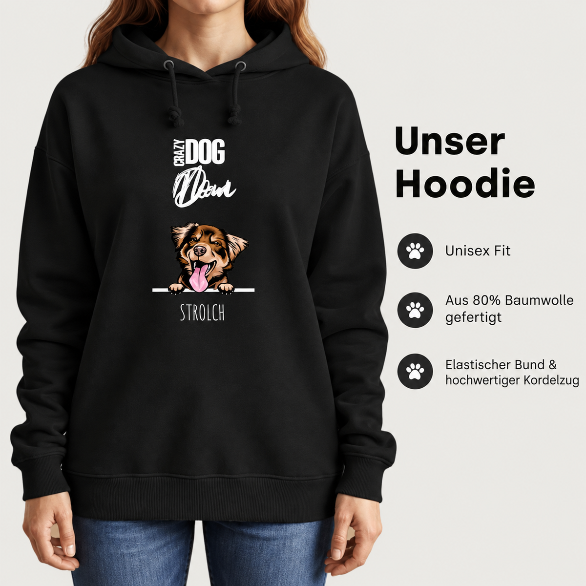 Felpa con cappuccio nera per genitori di animali con motivo di cane e frase, 80% cotone. Vestibilità unisex.