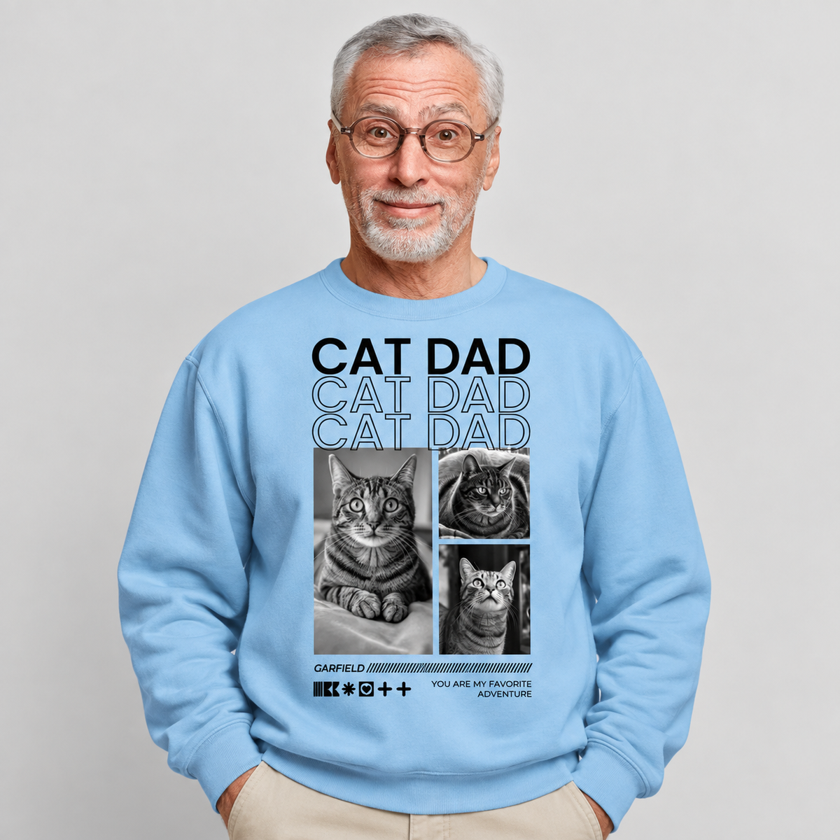 Felpa blu con stampa di gatti e il testo "CAT DAD", per gli amanti dei gatti.