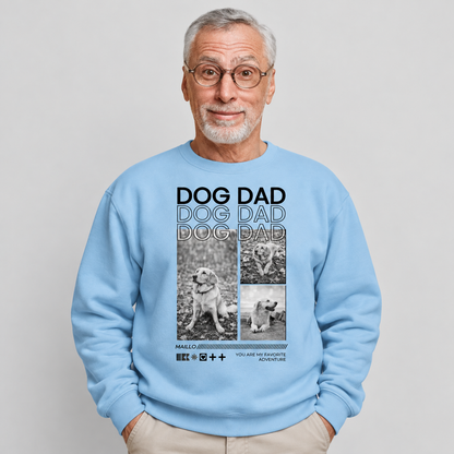 Felpa grigio-azzurra chiara con la scritta "Dog Dad" e foto di cani.