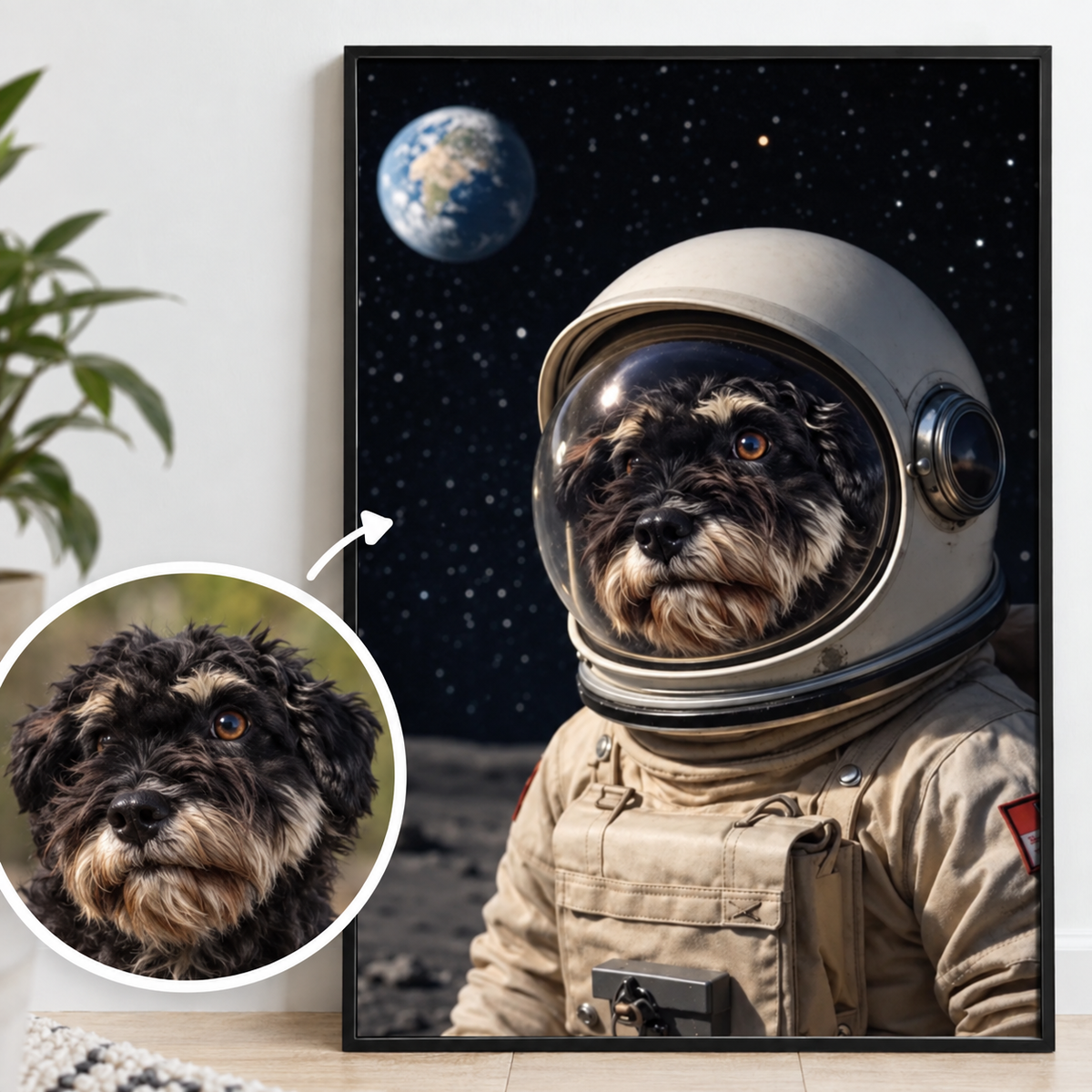 Poster personalizzato di un cane in tuta da astronauta su sfondo planetario.