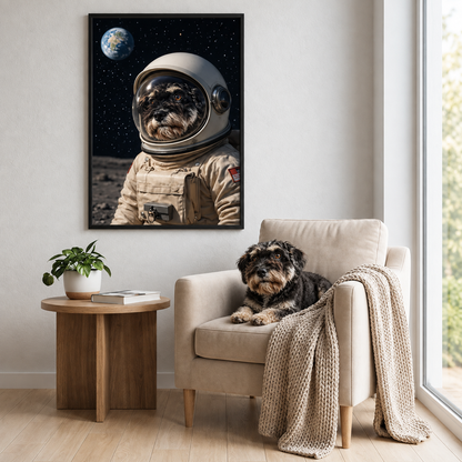 Poster astronauta personalizzato con cane in una stanza; visibili divano marrone, piante e coperta.